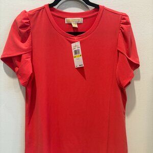 Michael Kors Women's Red Coral Flutter Short Sleeve Blouse | Size Medium